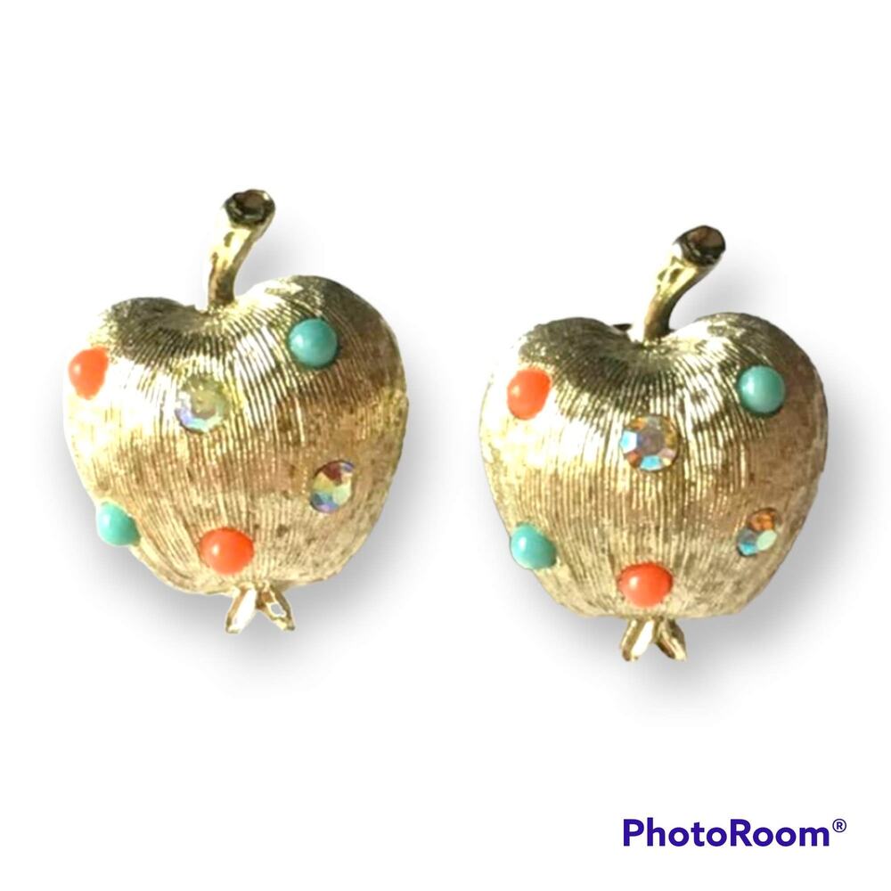 Vintage brushed gold tone bedazzled apple clip-on earrings